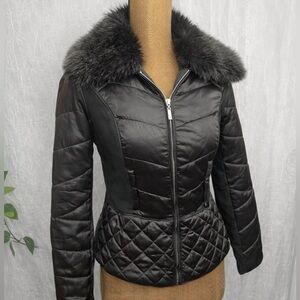 White House Black Market Black Puffer Jacket with Faux Fur